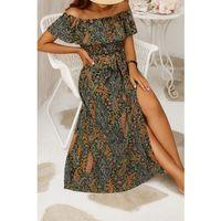 Kadın Kısa Kollu Madonna Yaka Fırfırlı Belden Yırtmaçlı Maksi Süprem Elbise