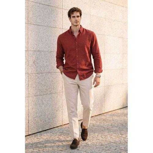 Pera Kumaş Keten Görünümlü Yarım Oversize Uzun kollu Erkek Gömlek - Bordo