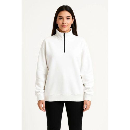 Üç İplik Dık Yaka Yarım Fermuarlı SweatShirt - Beyaz