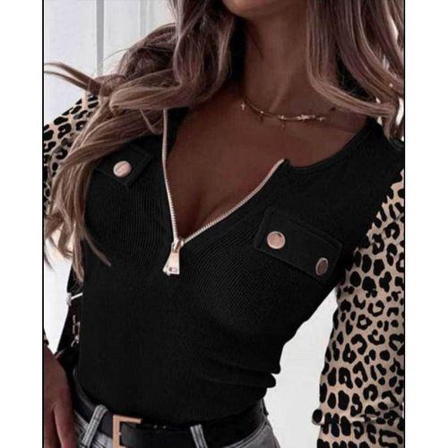 Kadın Uzun Kollu Leopar Desenli Fermuarlı önden Cep Ve Düğme Detaylı Kaşkorse Bluz