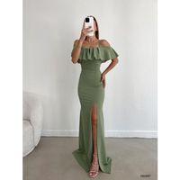 Kadın Dalgıç Krep Yırtmaç Detaylı Askılı Maxi Boy Elbise