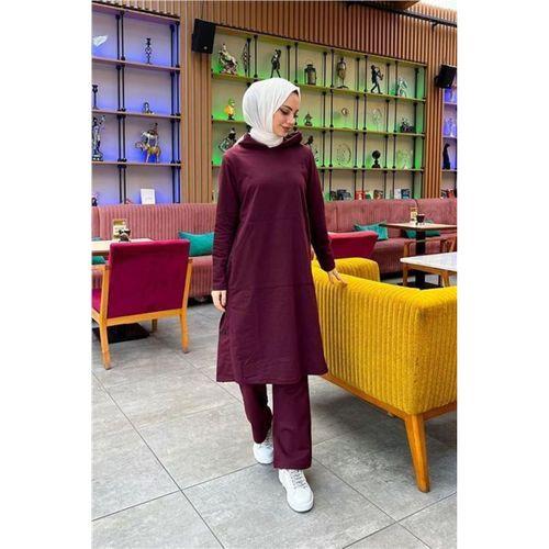 Kapşonlu Yandat Çıtçıtlı Sade Basic Uzun Tunik ve Pantolon İkili Spor Takım - 03071.020 - Mürdüm