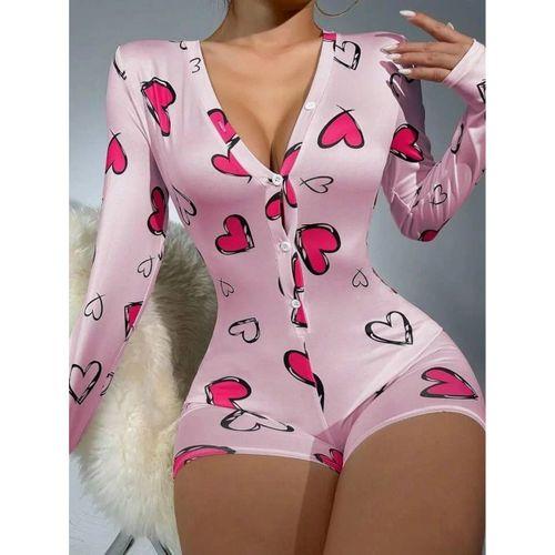 Pamuklu Pembe Kalp Desenli Düğmeli Uzun Kol Tulum Pijama