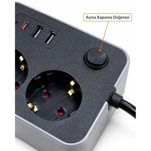 Çalışma Alanlarına Uygun Anahtarlı Usb Ve Type C Şarj Çıkışlı Kablolu Çoklu Priz