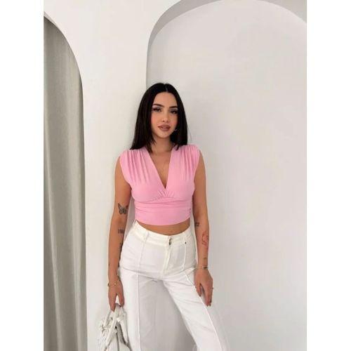 Vatkalı Kolsuz V Yaka Drapeli Crop Bluz Likralı Fit - Pembe