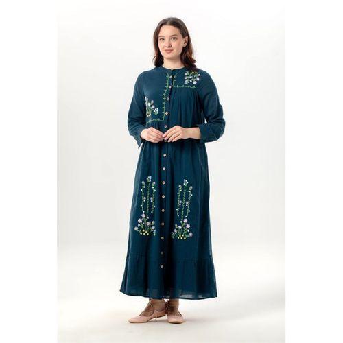 Uzun Kol Neşe Nakış Detaylı Boydan Düğmeli Yazlık Şile Bezi Uzun Elbise Petrol Ptrl