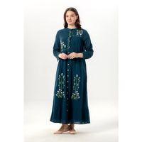 Uzun Kol Neşe Nakış Detaylı Boydan Düğmeli Yazlık Şile Bezi Uzun Elbise Petrol Ptrl