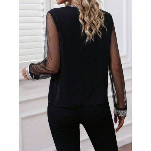 Kadın Uzun Kollu V Yakalı Tül Detaylı Ithal Krep Bluz