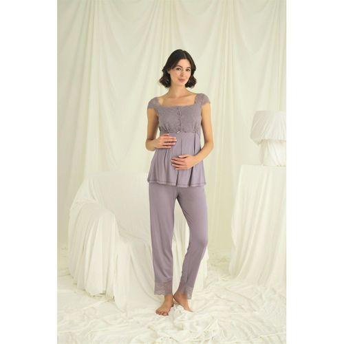 Dantelli Önü Düğmeli Hamile Lohusa 3'lü Pijama Takımı