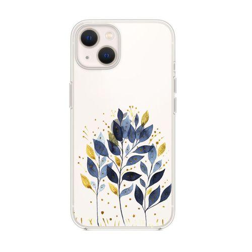 iPhone 14 Uyumlu Mavi Yaprak Desenli Şeffaf Silikonlu Telefon Kılıfı