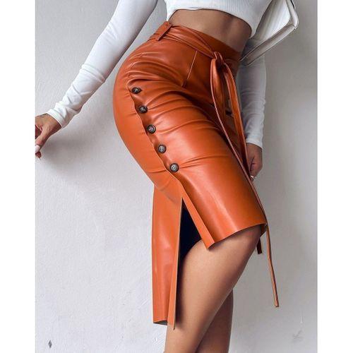 Kadın Yüksek Bel Kuşaklı Yanlardan Düğmeli Mini Deri Etek