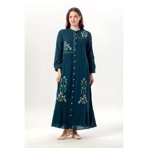 Uzun Kol Neşe Nakış Detaylı Boydan Düğmeli Yazlık Şile Bezi Uzun Elbise Petrol Ptrl