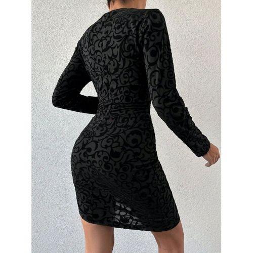 Lucky Life Kadın Uzun Kollu Bisiklet Yaka Yandan Büzgülü Flok Baskı Sandy Elbise