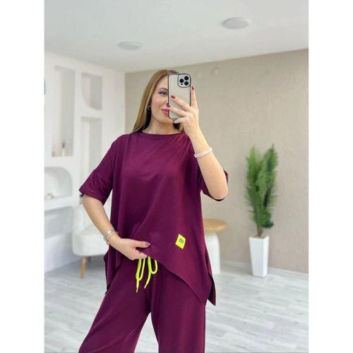 Kadın Kısa Kollu Bisiklet Yaka Viskon Iki Iplik Bluz Ve Pantolon Ikili Takım