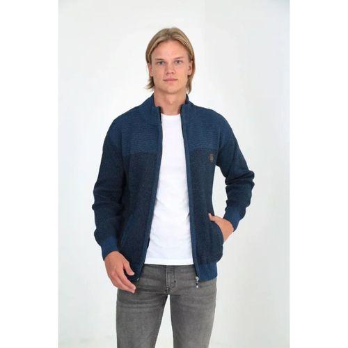 Erkek Fermuarlı Triko Hırka Yüksek Yaka, Cepli, Günlük Şık Rahat Kalıp Triko - Mavi