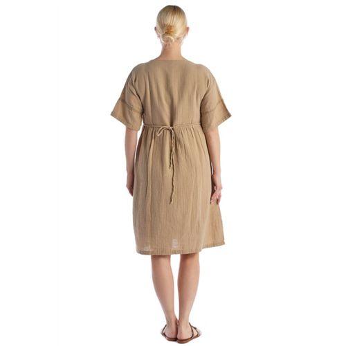 Kısa Kol Vizon V Yaka Nakışlı Midi Boy Müslin Yazlık Elbise