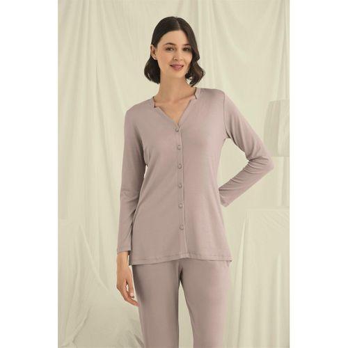 Uzun Kollu Düğmeli V Yaka Pijama Takımı