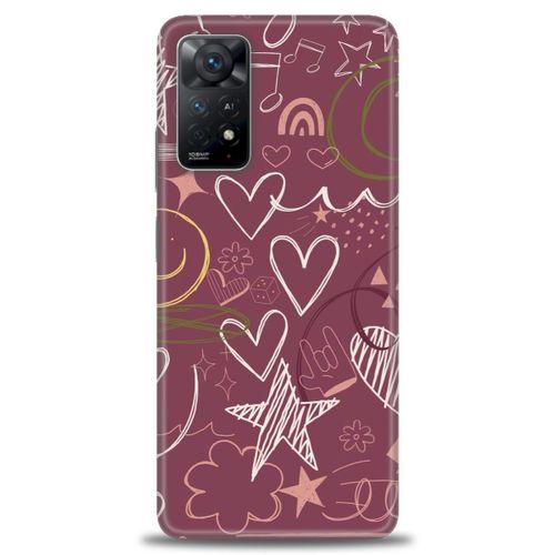 Xiaomi Redmi Note 11 Pro Kılıf HD Baskılı Kılıf - Notalar ve Kalpler Bordo + Tam Ekran Koruyucu
