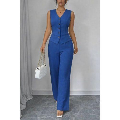 Kadın Askılı önden Düğmeli Bluz Ve Pantolon Keten Ikili Takım