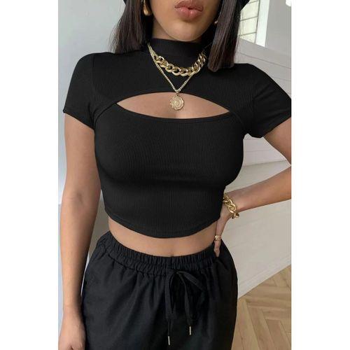 Kadın Siyah Göğüs Dekolteli Yarım Kollu Cut Out Crop Top Bluz