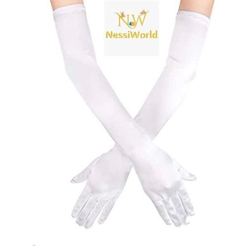 Beyaz Renk Dirseğe Kadar Uzun Kumaş Eldiven 40 cm