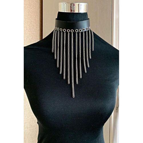 Zincirli Deri Choker, Şık Deri Tasma - APFT629