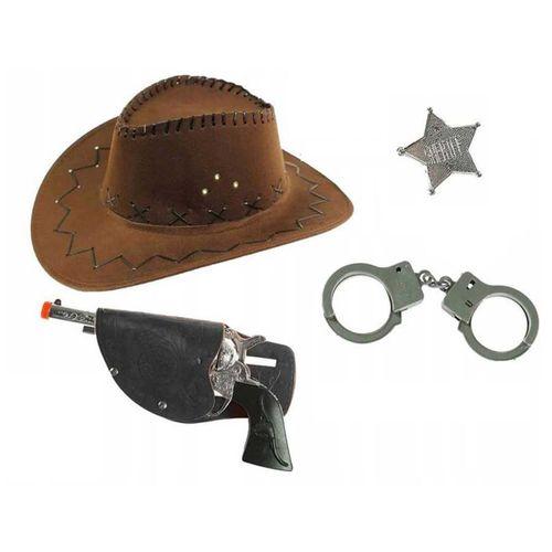 Çocuk Boy Kahverengi Kovboy Şapka Rozet ve Kelepçe Seti 4 Parça