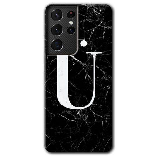 Samsung Galaxy S21 Ultra Kılıf HD Desen Baskılı Arka Kapak + Temperli Cam - Siyah Mermer Desenli Ü Harfi