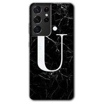 Samsung Galaxy S21 Ultra Kılıf HD Desen Baskılı Arka Kapak + Temperli Cam - Siyah Mermer Desenli Ü Harfi