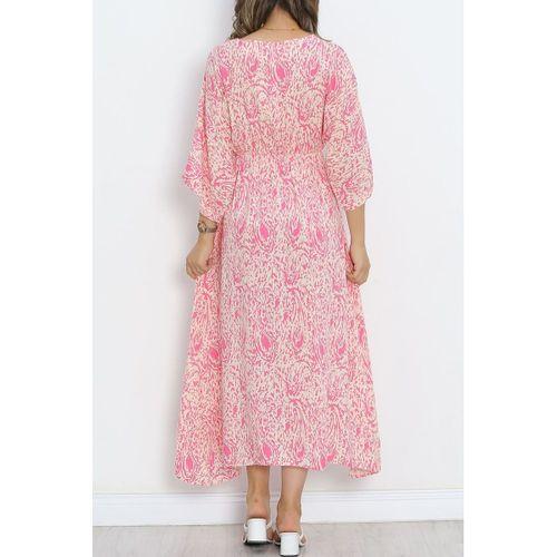 Kruvaze Yaka Desenli Elbise Pembe