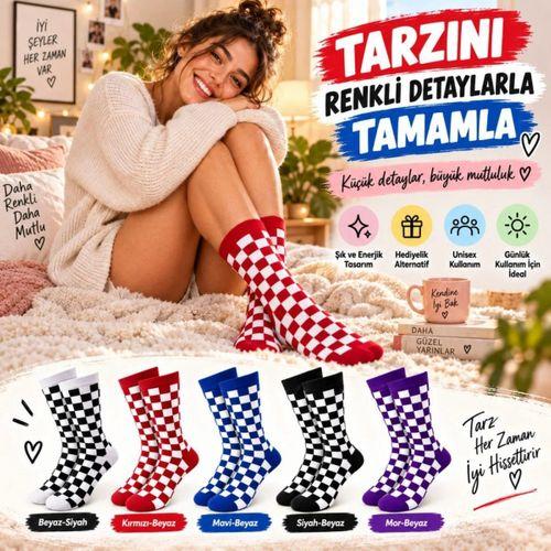 Unisex Çorap Dama Desenli Renkli 10'lu Set Kareli Uzun Soket Günlük Spor Eğlenceli Rahat Çorap Seti