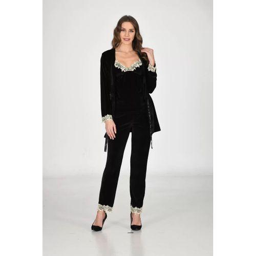 Siyah Kadife Sabahlık & Gecelik Takım 3' Lü - 1441