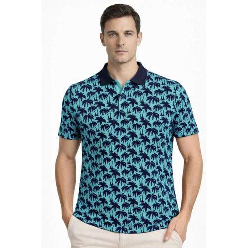 Erkek Pike Kumaş Polo Yaka Palmiye Desenli Tişört Kısa Kol Yazlık T-Shirt - Turkuaz