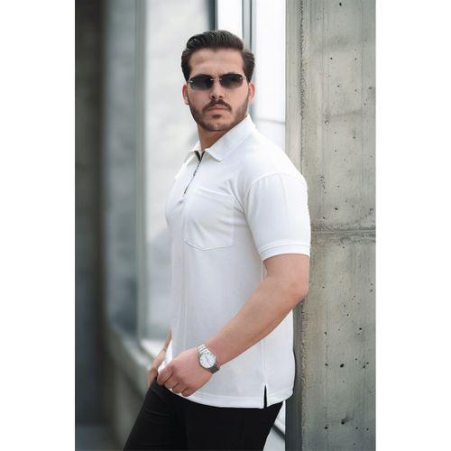 Yarım Fermuar Tek Cepli Erkek T-Shirt - Beyaz