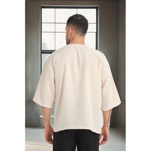 Bisiklet Yaka Fakir Kol Oversize Kısa Kol T-shirt - Bej