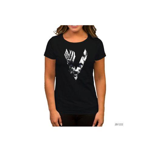 Vikings Logo Ragnar Siyah Kadın Tişört