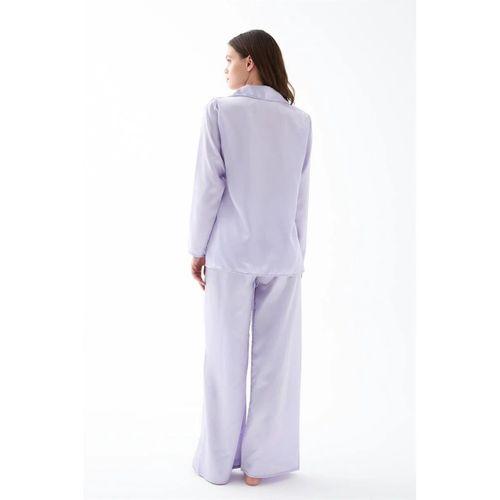 Kadın Lila Oversize Saten Pijama Takımı – Rahat Kesim Şık Ev Giyim Seti