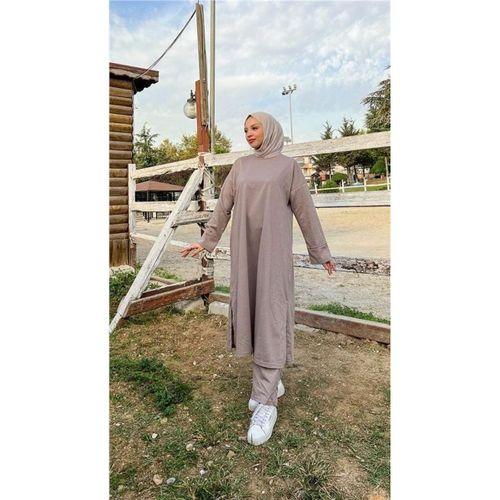 O Yaka Yırtmançlı Uzun Geniş Rahat Tunik Pantolon Sade Basic Spor Takımı - 03040.016 - Vizon
