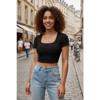 Kadın Siyah Modern Fit Yarım Kol Düz Yaka Crop Top Bluz