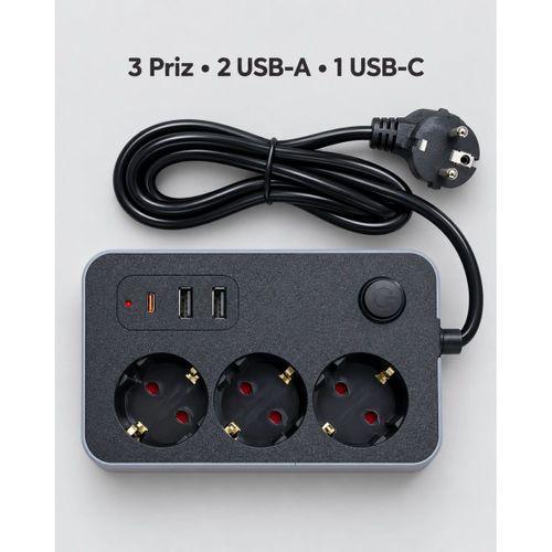 Çalışma Alanlarına Uygun Anahtarlı Usb Ve Type C Şarj Çıkışlı Kablolu Çoklu Priz