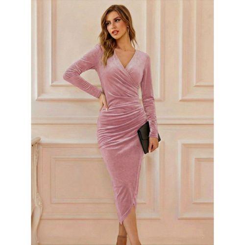 Kadın Uzun Kollu Kruvaze Yaka Belden Büzgü Detay Midi Kadife Elbise