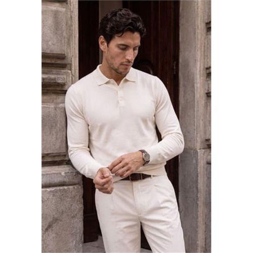 Portofino Premium Düğmeli Polo Yaka İnce Erkek Triko Kazak - Kırık Beyaz