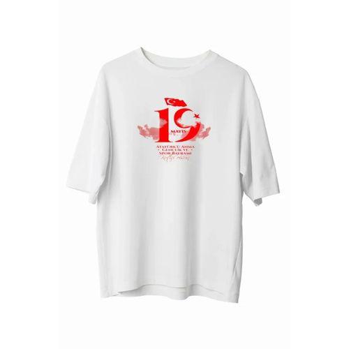 19 Mayıs Atatürk Temalı Gençlik Ve Spor Bayramı Bisiklet Yaka T-shirt - Beyaz