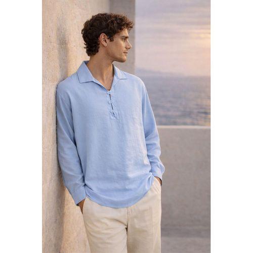Baldwin Apaş Yaka Britli 3 Düğmeli İnce Modal Kumaş Oversize Uzun Kollu Yazlık Erkek Gömlek - Soğuk Mavi