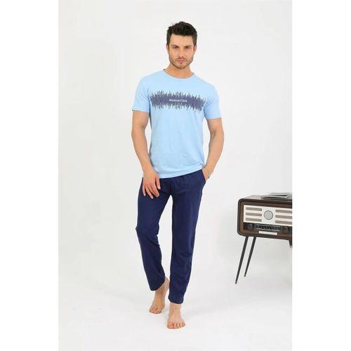 Erkek Pamuk Kısa Kol Pijama Takım Mavi