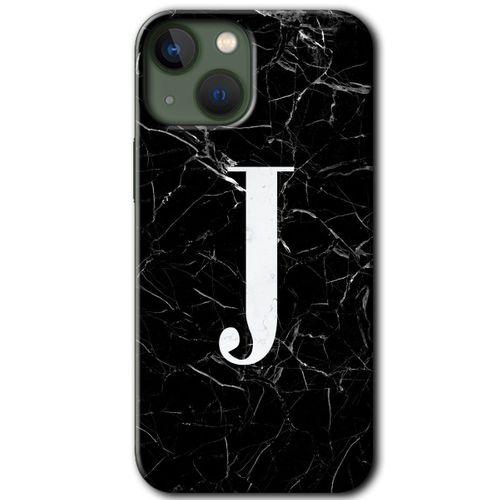 iPhone 13 Mini HD Baskılı Kılıf + 9D Tam Ekran Koruyucu - Siyah Mermer Desenli J Harfi