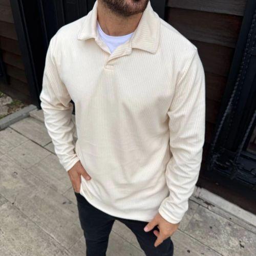 Erkek Fitilli Polar Sweatshirt – Düğmesiz Polo Yaka, Oversize Rahat Kalıp, Kalın Polar Kumaş, Kışlık Ve Baharlık Şık Günlük Üst - Beyaz