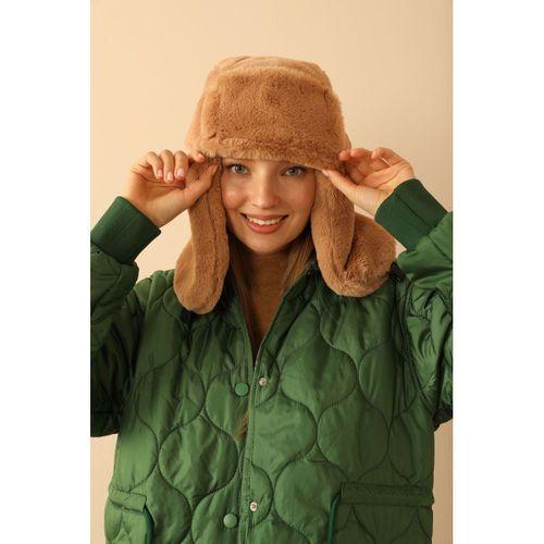 Peluş Kulaklıklı Klipsli Kadın Camel  Pilot Şapka Bere