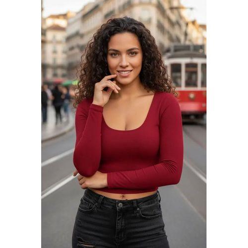Bordo Derin U Yaka Crop Top Uzun Kollu Dar Kesim Kadın Bluz