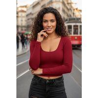 Bordo Derin U Yaka Crop Top Uzun Kollu Dar Kesim Kadın Bluz
